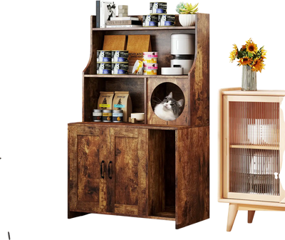 Costway Modern Wooden Cat Litter Box Enclosure Storage Shelves Brown 732985614 New