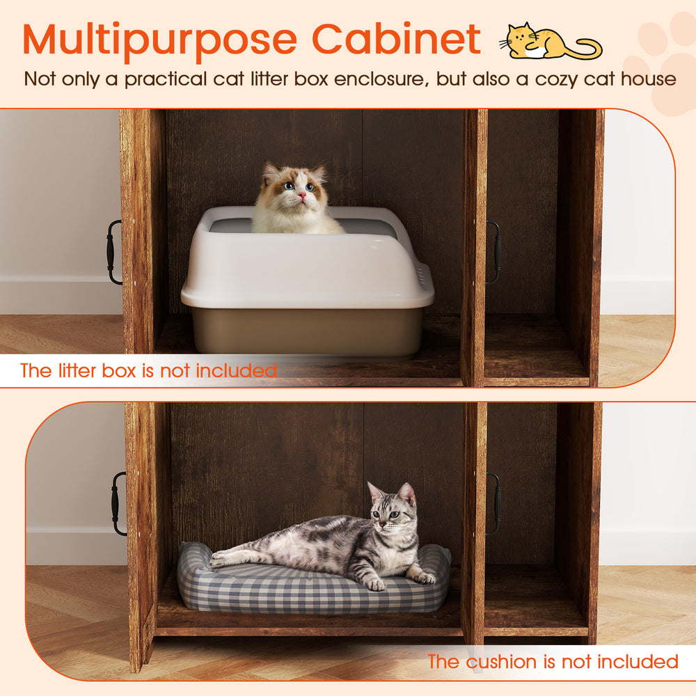 Modern wooden cat litter box enclosure with storage shelves, providing a cozy space for cats and organization for.