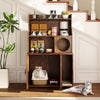 Modern wooden cat litter box enclosure with storage shelves, featuring a cozy condo and open shelves for organization.