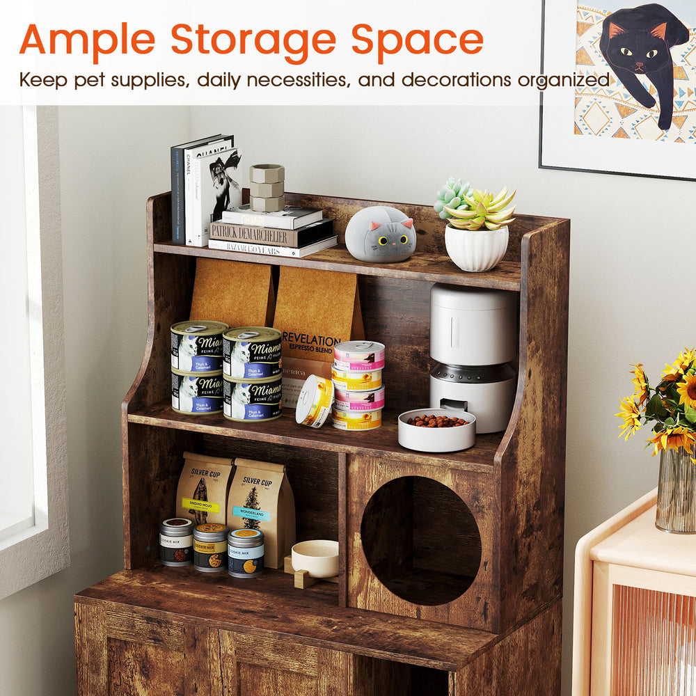 Modern wooden cat litter box enclosure with storage shelves, featuring ample space for pet supplies and decorations.