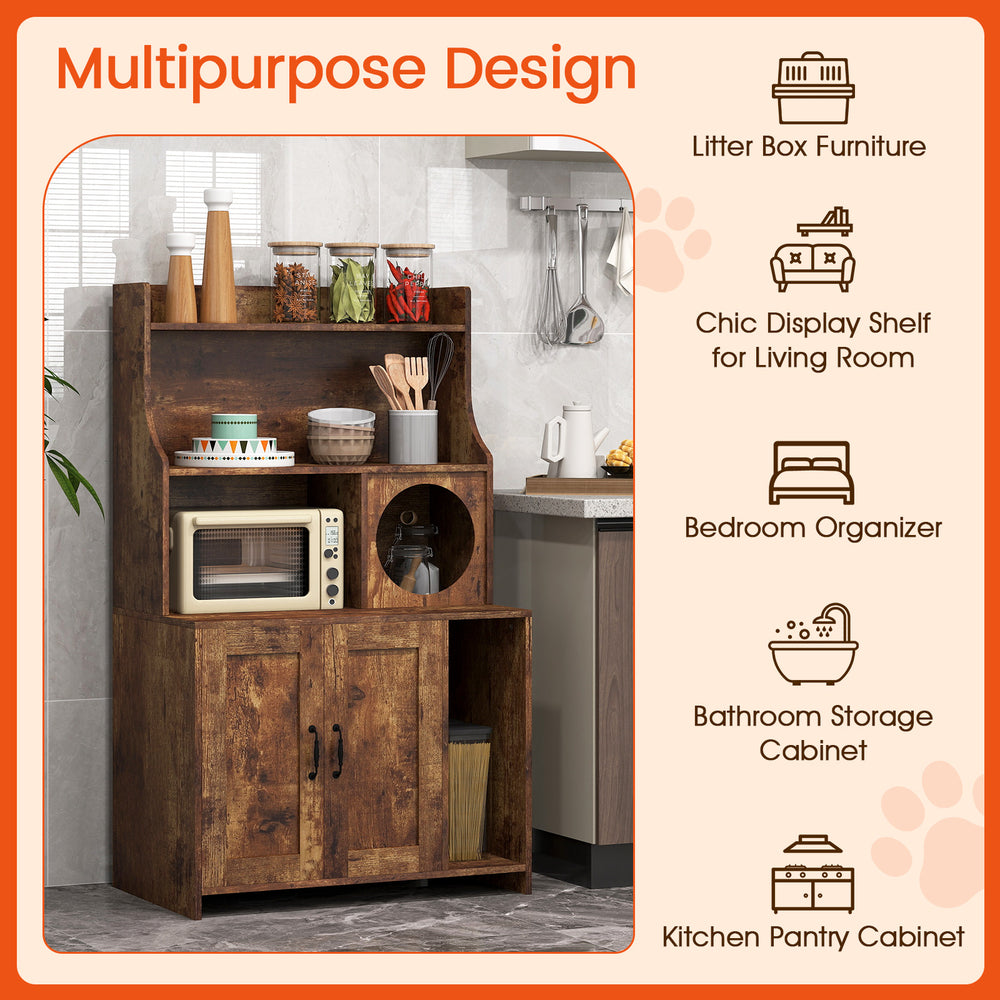 Modern wooden cat litter box enclosure with storage shelves in brown, ideal for organizing pet supplies and home.