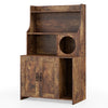 Brown wooden cat litter box enclosure with storage shelves, offering a spacious cabinet for supplies and a cozy cat.
