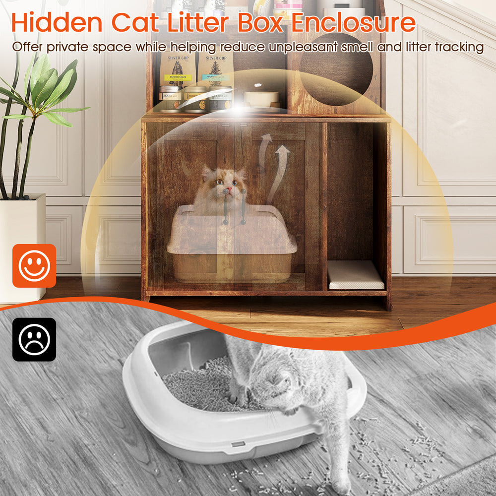 Modern wooden cat litter box enclosure with storage shelves, designed to reduce odors and litter tracking for your home.