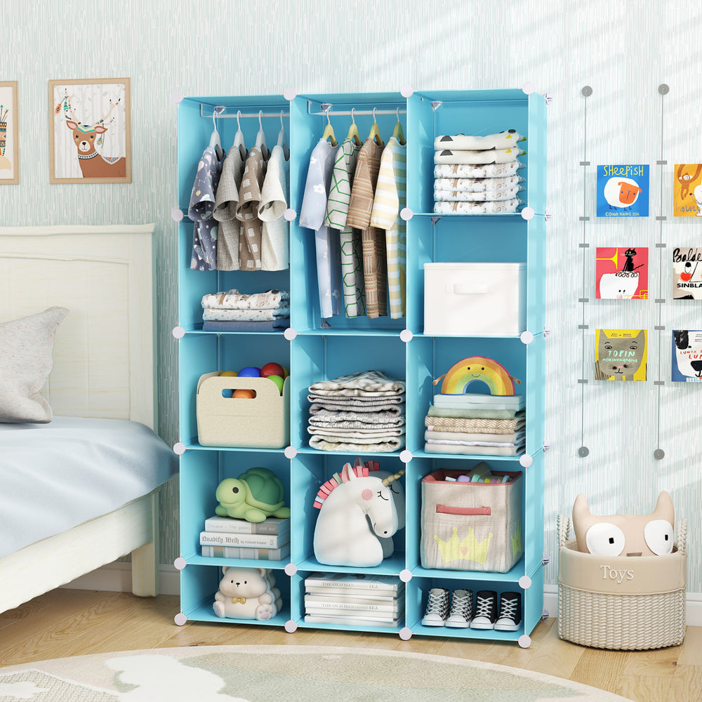 Modular baby wardrobe in blue features 13 cubes, hanging rod, and shelves for organized storage in kids' spaces.