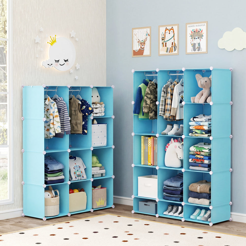 Modular blue baby wardrobe with 13 cubes, hanging rod, and shelves for organized storage in nurseries or playrooms.