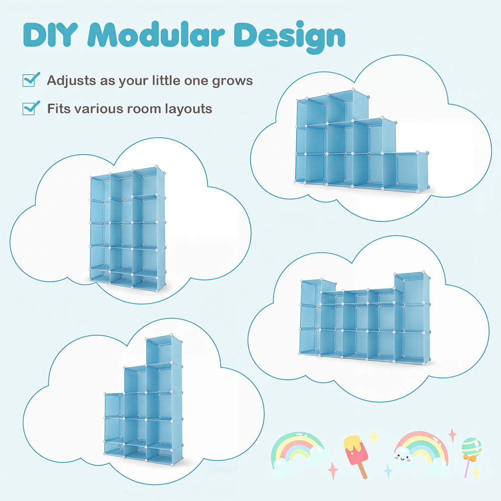 Modular baby wardrobe in blue features 13 cubes, a hanging rod, and adjustable design for versatile storage solutions.