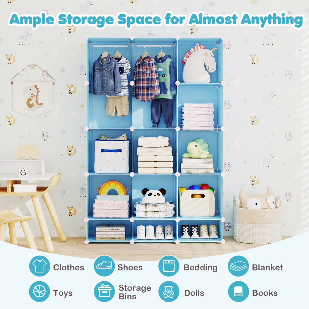 Modular baby wardrobe in blue with 13 cubes and hanging rod, ideal for organizing clothes, toys, and books in a nursery.