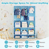 Modular baby wardrobe in blue with 13 cubes and hanging rod, ideal for organizing clothes, toys, and books in a nursery.