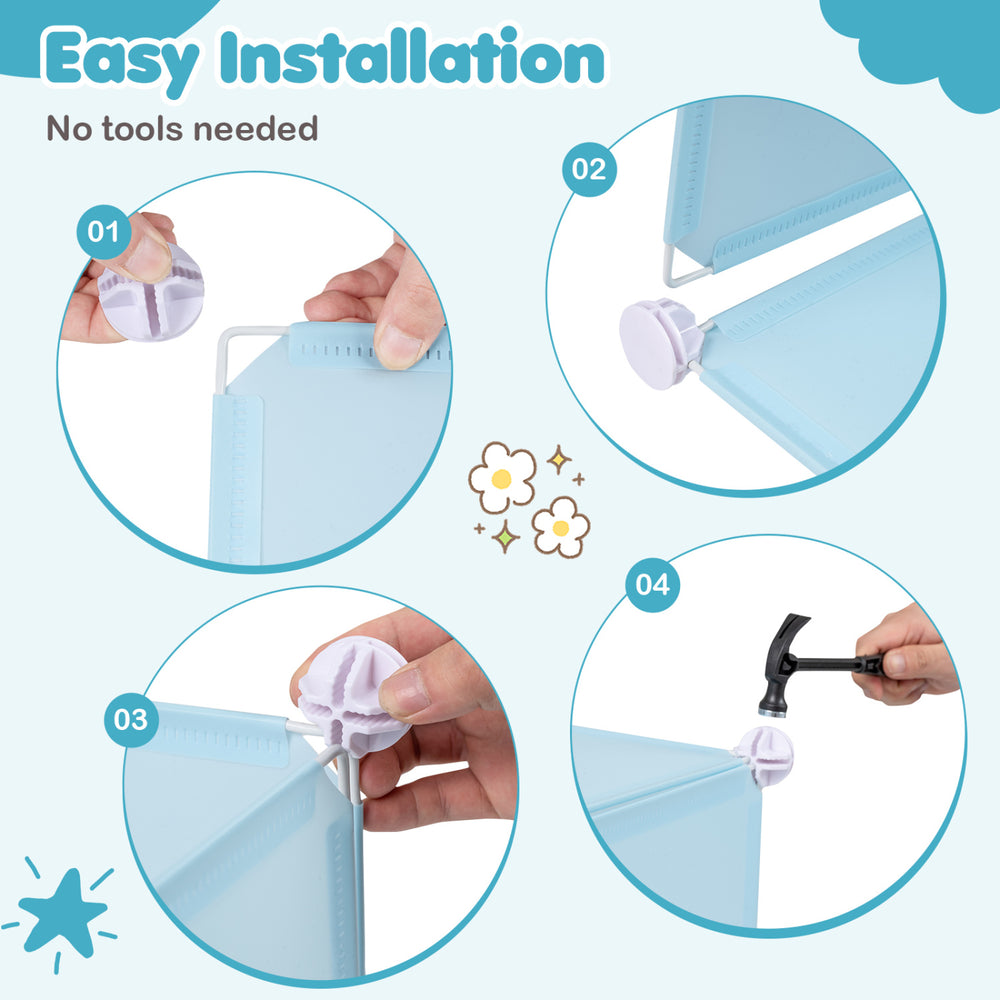 Easy installation process for the modular blue baby wardrobe with no tools required for setup and adjustments.