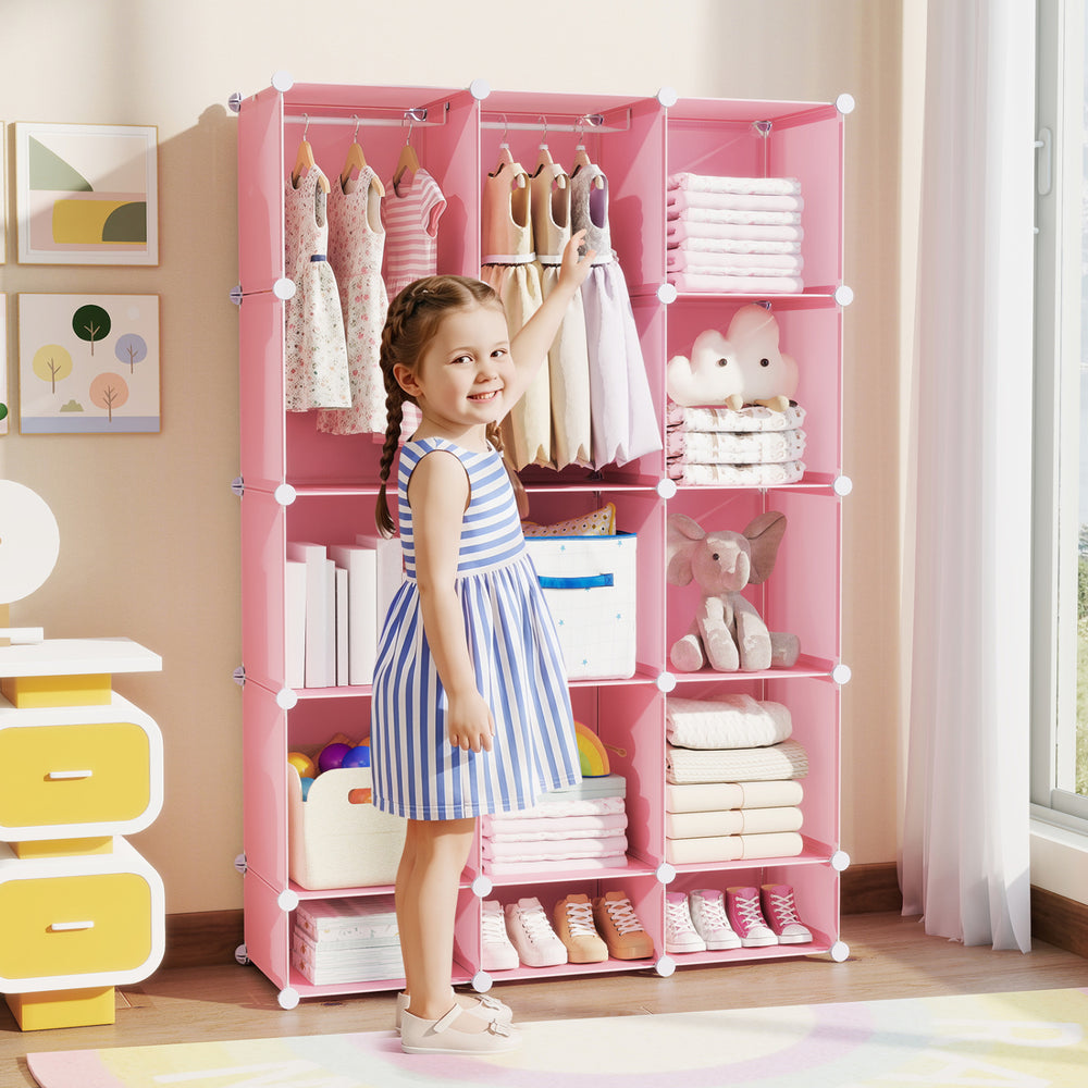 Modular Baby Wardrobe with 13 Cubes and Hanging Rod and Shelves Stackable-Pink - Gallery View 1 of 10