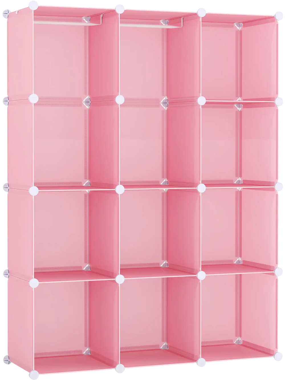 Modular pink baby wardrobe featuring 10 cubes, a hanging rod, and shelves for versatile storage in nurseries or playrooms.