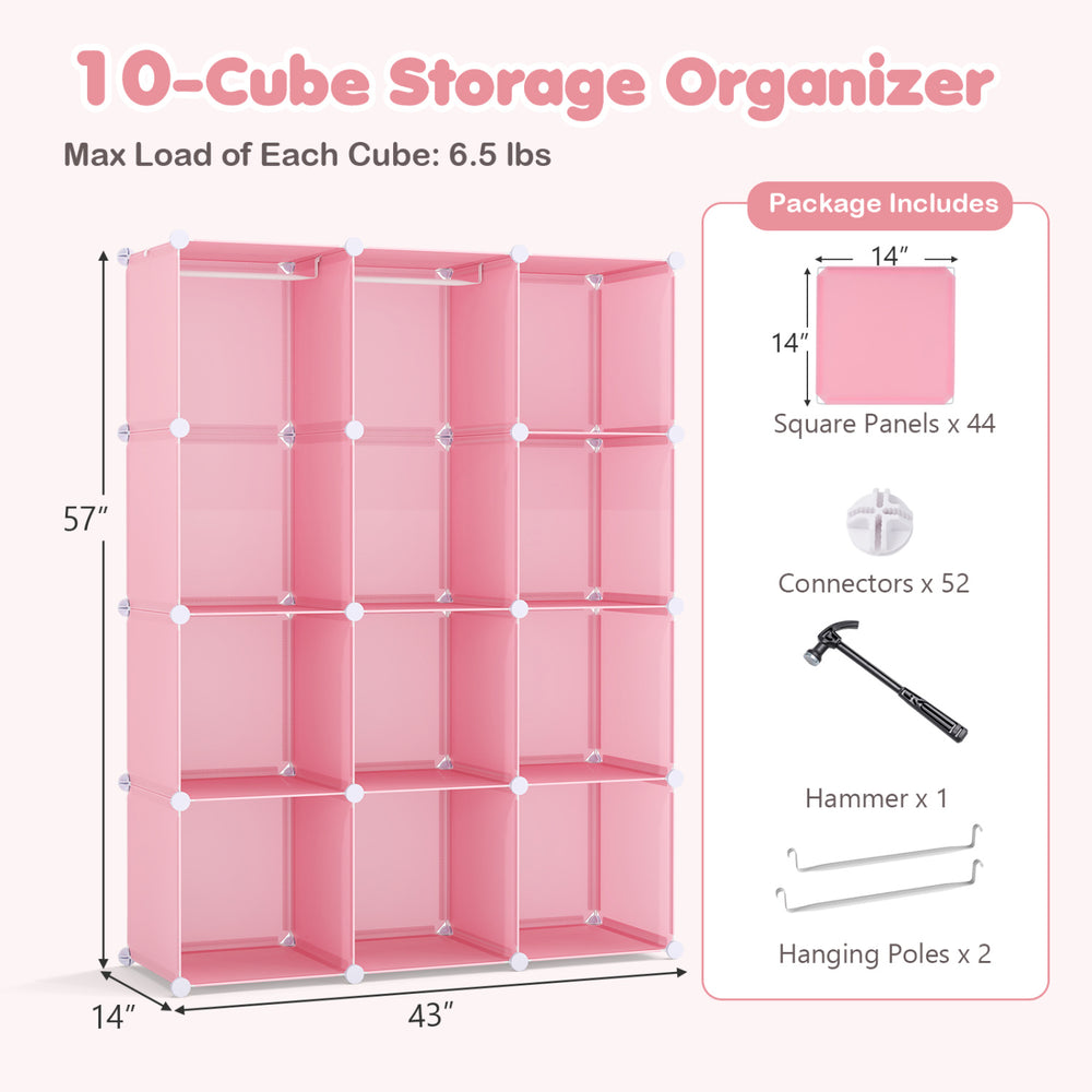 Modular baby wardrobe in pink with 10 cubes, hanging rod, and shelves, perfect for nursery and playroom organization.