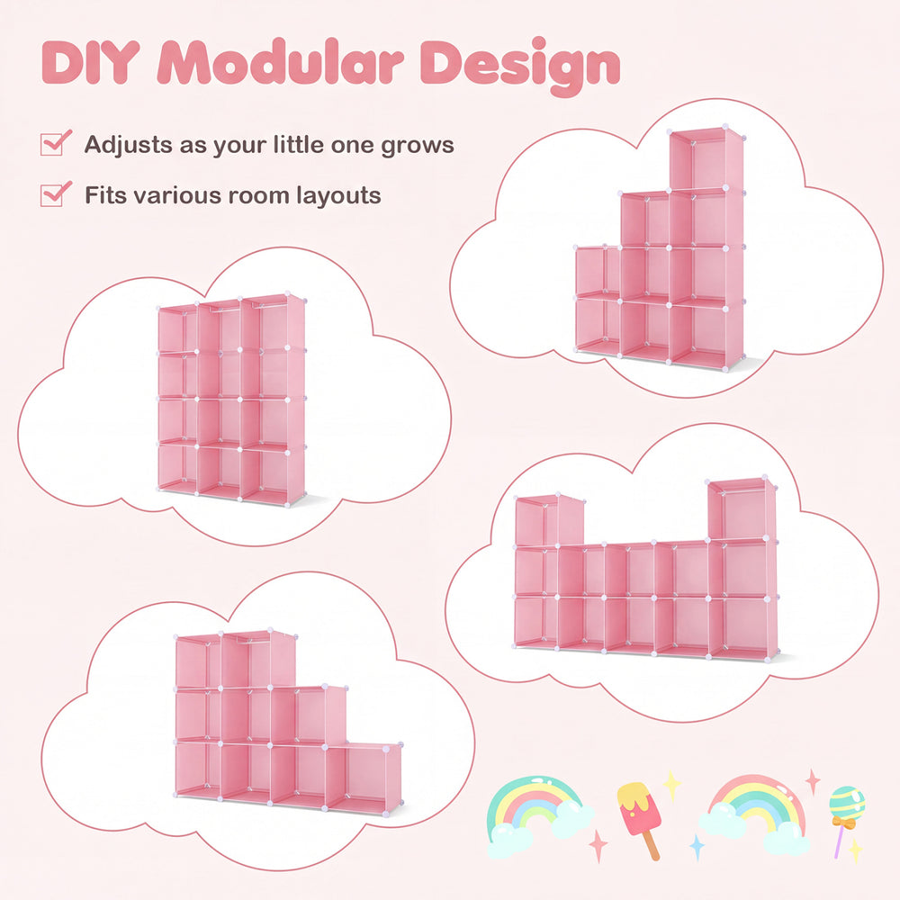 Modular pink baby wardrobe with 10 cubes and hanging rod, designed for flexible storage in nurseries and playrooms.