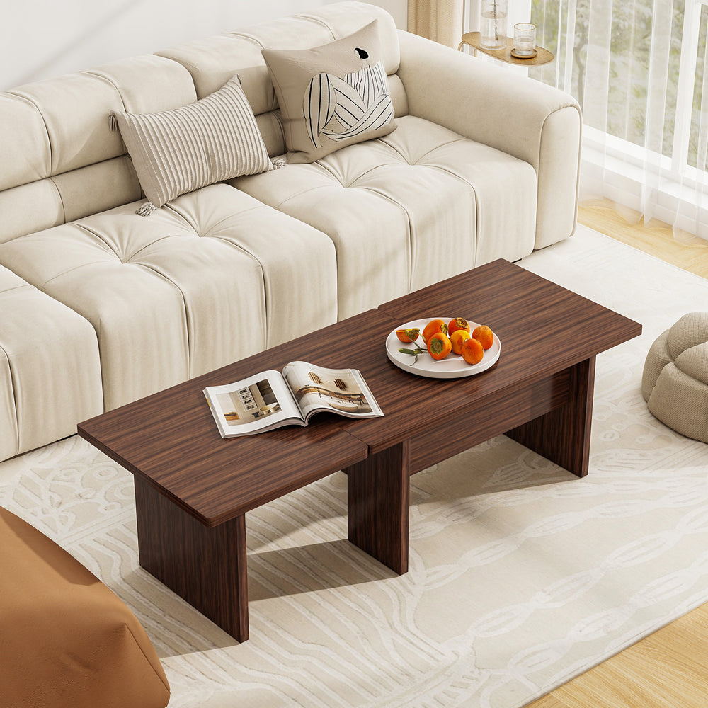 L-shaped modular coffee table set in walnut finish, perfect for small spaces and featuring rounded corners for safety.