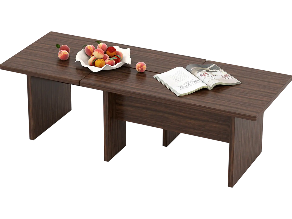 Modular L-shaped coffee table set in walnut finish, perfect for small spaces, featuring rounded corners and protective.