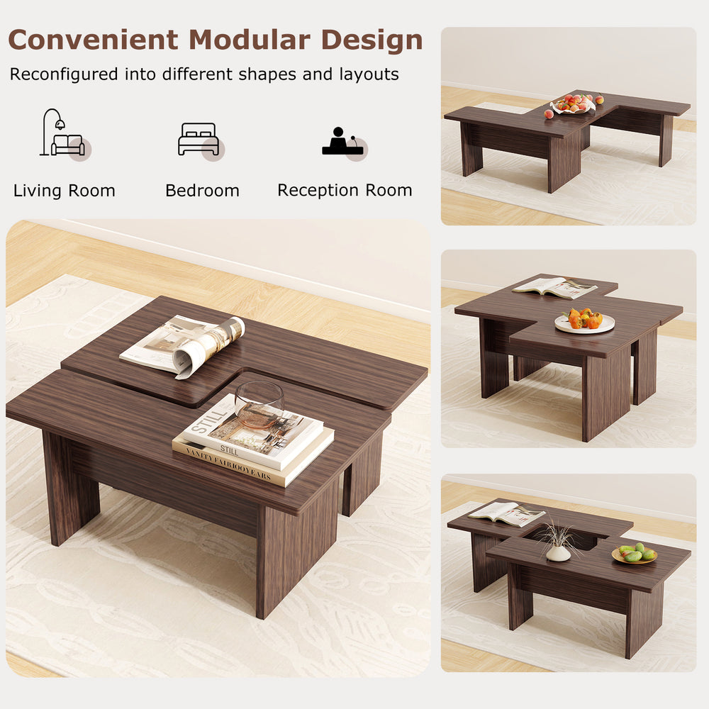 Modular L-shaped coffee table set in walnut, showcasing versatile design for small spaces in living room or bedroom.