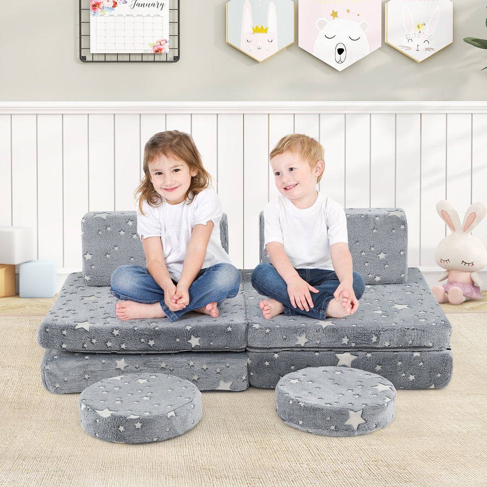 Modular Kids Play Couch Set Glow in the Dark with Portable Handles-Gray - Gallery View 1 of 10
