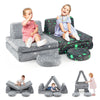 Two kids enjoying the gray modular play couch set with glow-in-the-dark stars, promoting imaginative play and comfort.