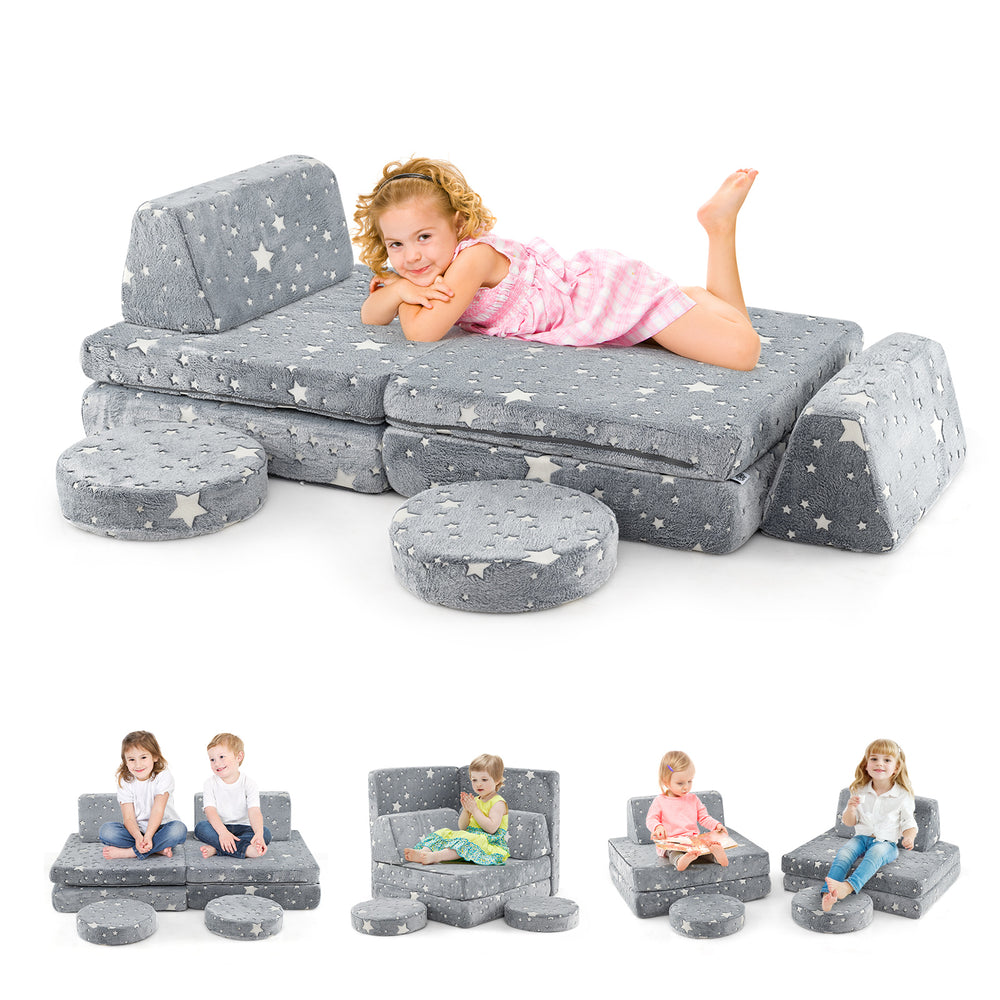 Gray modular kids play couch set with glow-in-the-dark star patterns, ideal for creative lounging and climbing fun.