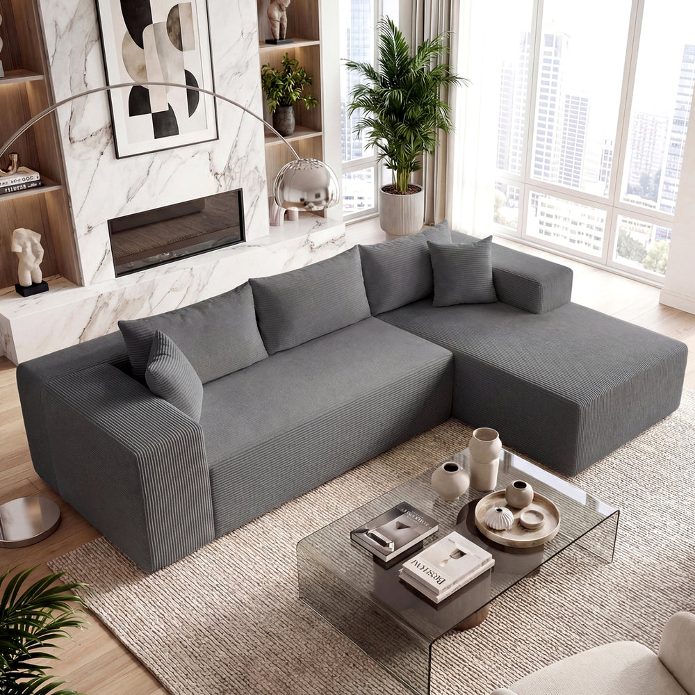 Modular Sectional Sofa Corduroy Upholstered L-shaped Sofa Couch with Deep Seats-Gray - Gallery View 1 of 9