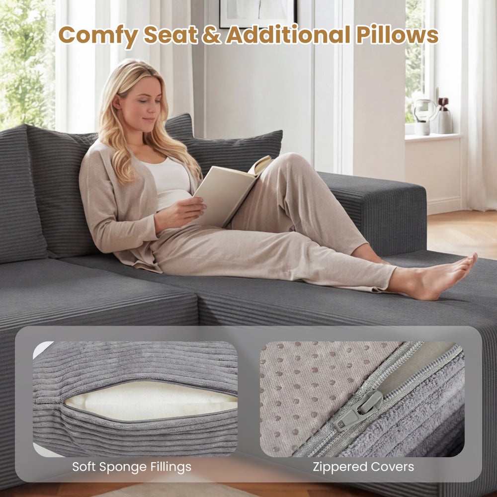 L-shaped gray modular sectional sofa with soft sponge fillings and zippered covers, perfect for comfortable seating.