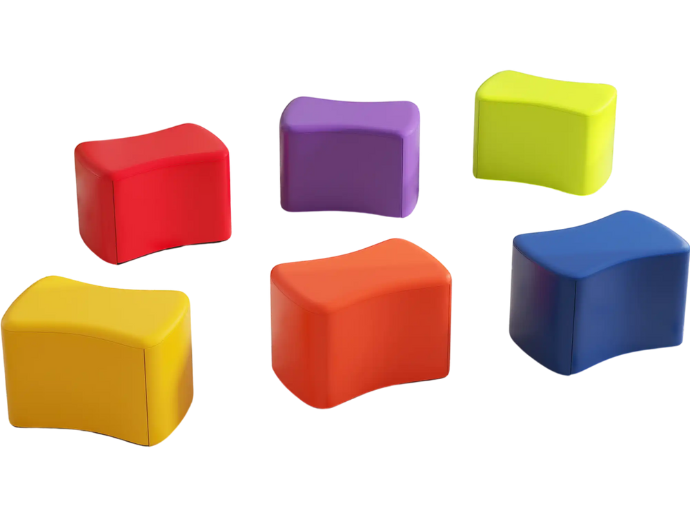 Colorful modular stool set for kids, featuring six butterfly stools in red, yellow, purple, and blue for versatile use.