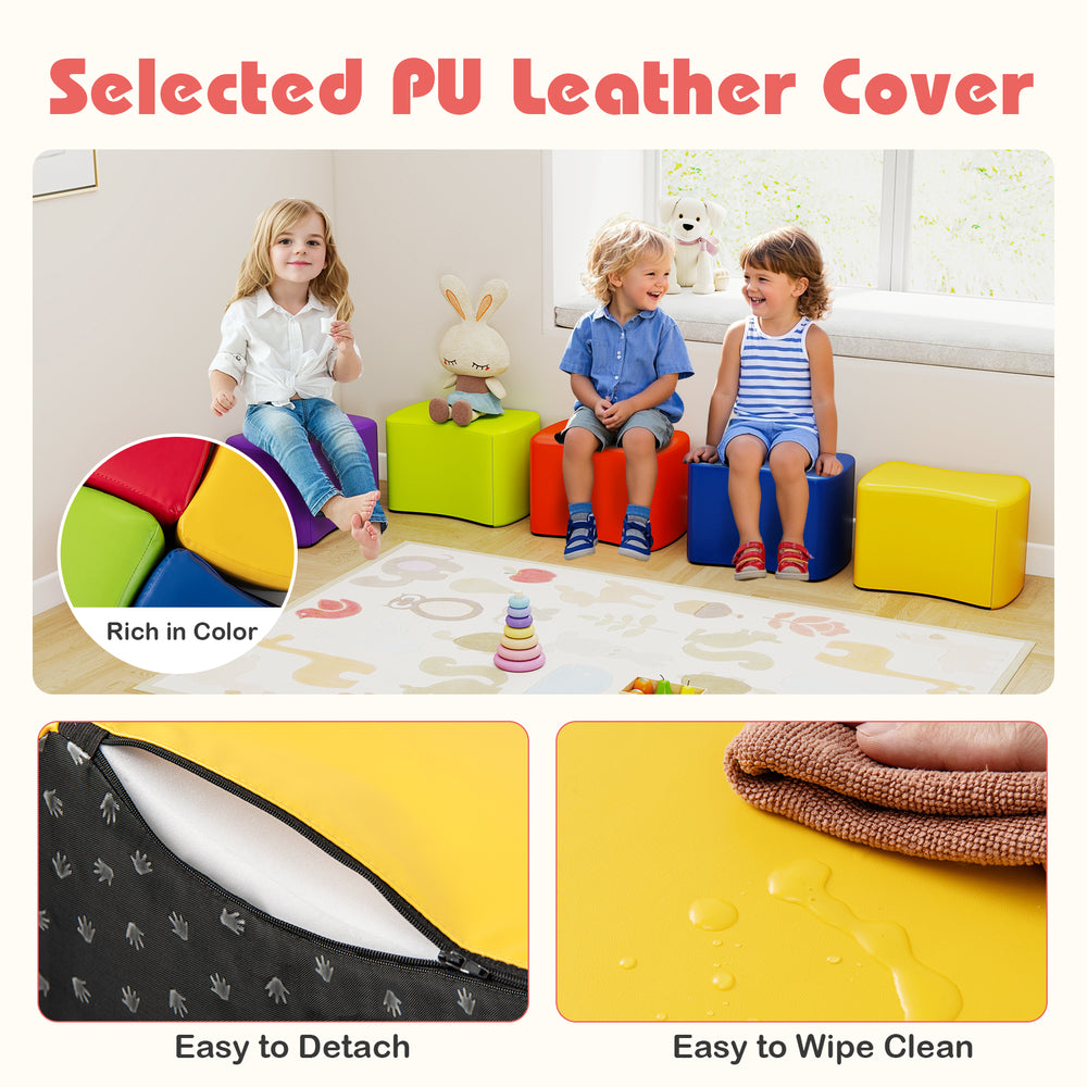 Colorful modular stool set for kids, featuring soft sponge filling and easy-to-clean PU leather covers for safe play.