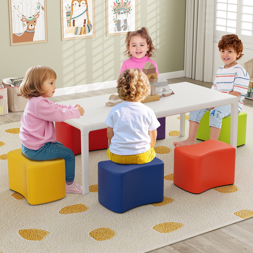Colorful modular stool set for kids, featuring six butterfly stools, perfect for playtime and learning in a safe.