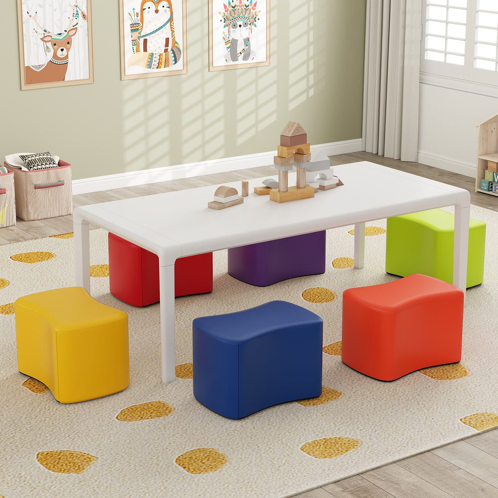 Colorful modular stool set for kids with rounded edges, featuring six stackable stools for safe play and easy storage.
