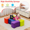 Colorful modular stool set for kids, featuring soft sponge material, stackable design, and rounded edges for safety.