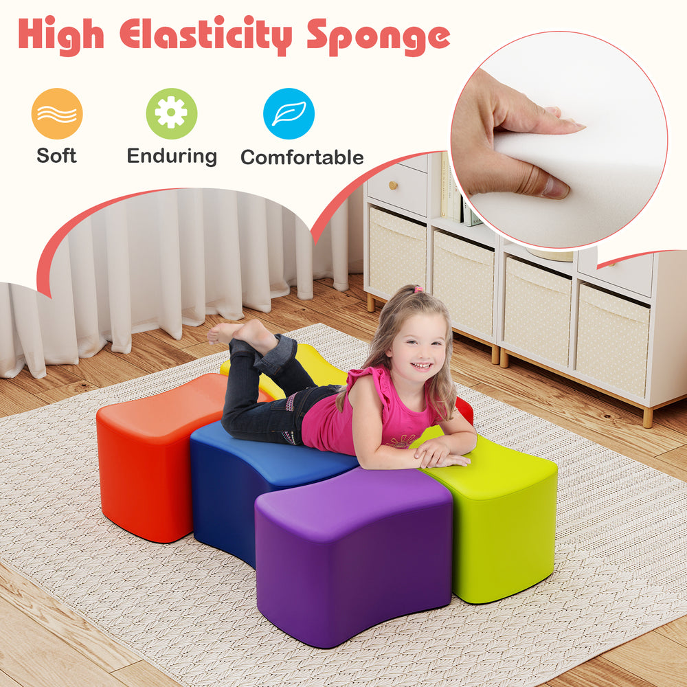 Colorful modular stool set for kids, featuring soft sponge material, stackable design, and rounded edges for safety.