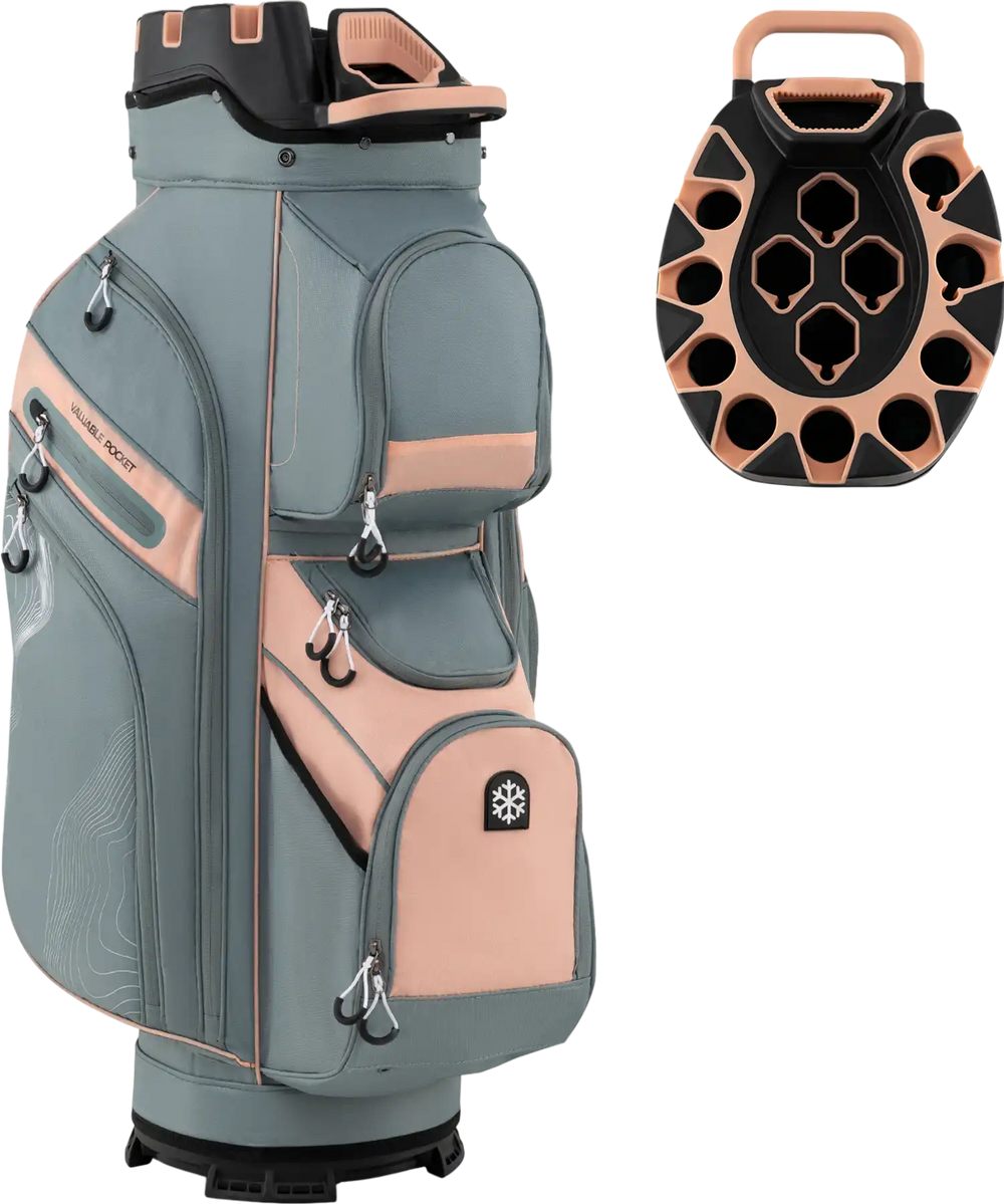 Molded Lock Top Golf Cart Bag in gray and orange with 14-way dividers and 11 pockets for organized storage.