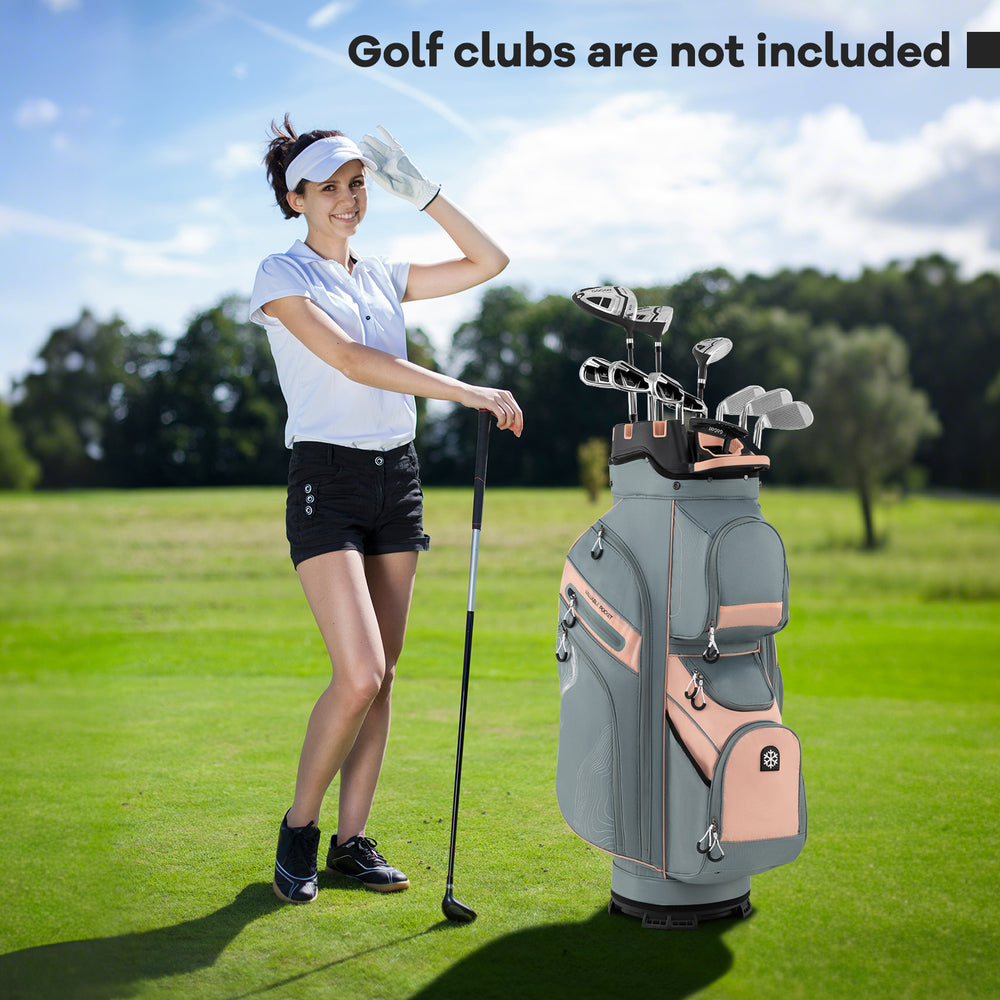 Molded Lock Top Golf Cart Bag in orange with 14 dividers and multiple pockets, ideal for easy transportation on the.