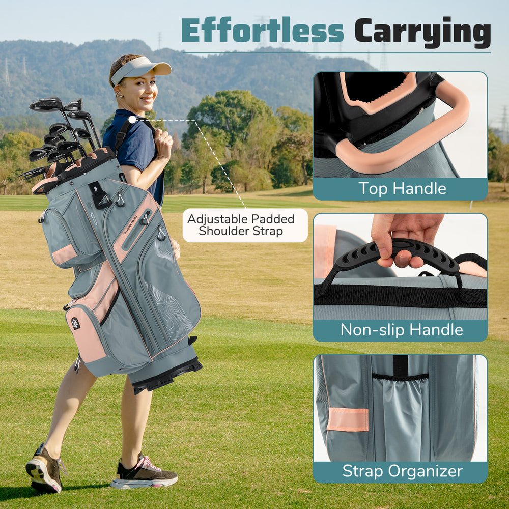 Molded Lock Top Golf Cart Bag in orange with adjustable shoulder strap and 14-way dividers, ideal for easy carrying.