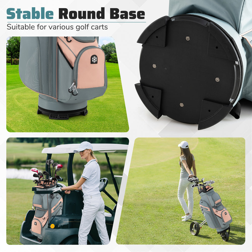 Molded Lock Top Golf Cart Bag with stable round base, 14-way dividers, and multiple pockets for organized storage.