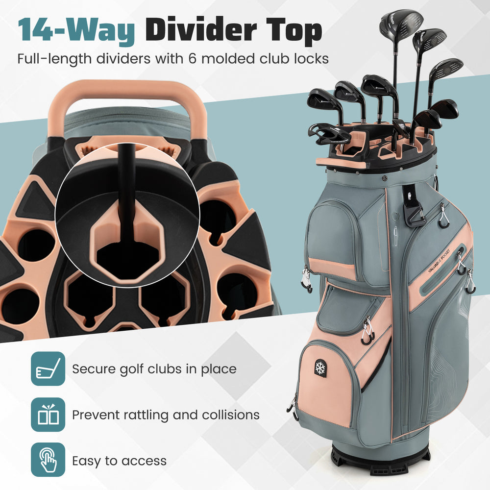Molded Lock Top Golf Cart Bag with 14-way dividers in orange, featuring multiple pockets and an adjustable shoulder.
