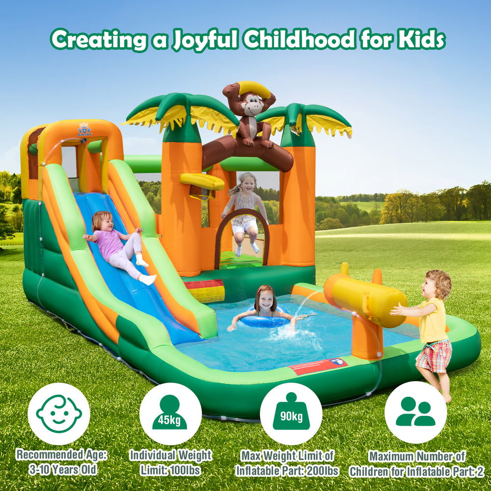 Monkey-themed inflatable water slide with jumping area and pool, ideal for kids aged 3-10 for outdoor fun.