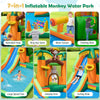 Monkey-themed inflatable water slide featuring a jumping area, splash pool, and basketball hoop for outdoor fun.