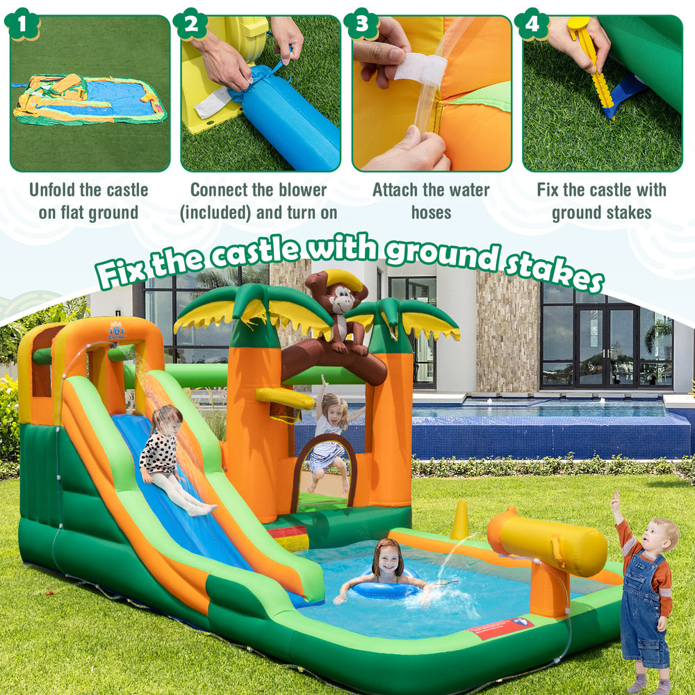 Monkey-themed inflatable water slide with jumping area and splash pool, includes 680W blower and accessories for.