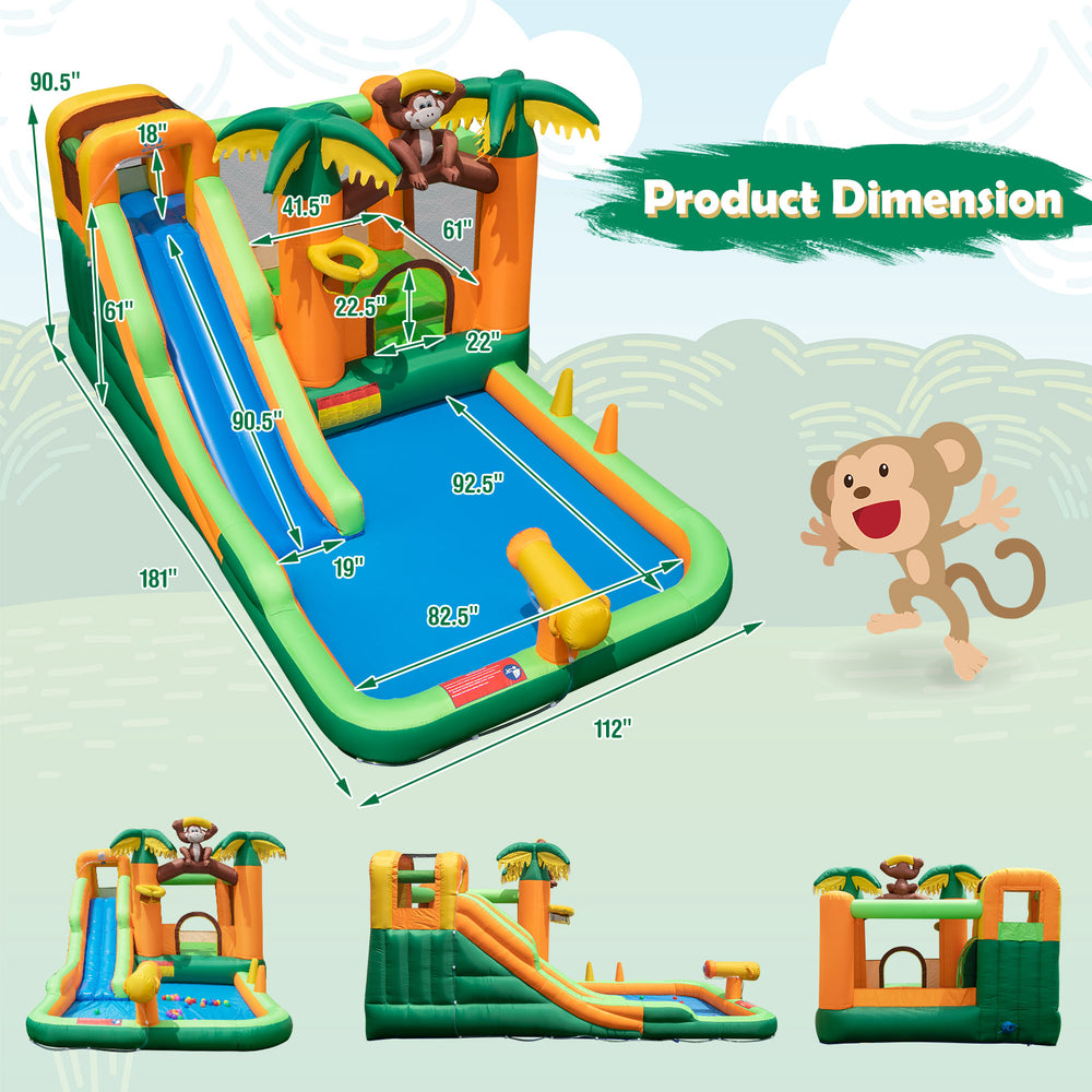 Monkey-themed inflatable water slide with jumping area, pool, and 680W blower, ideal for outdoor fun and play.