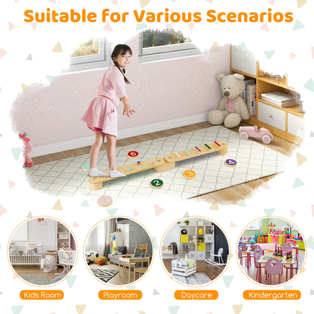 Montessori balance beam set with wooden stepping stones, designed for safe play and motor skill development in kids'.