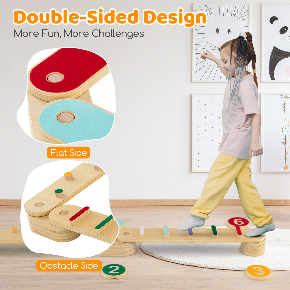 Montessori balance beam set featuring double-sided design for fun challenges, made from safe wood for kids' play.