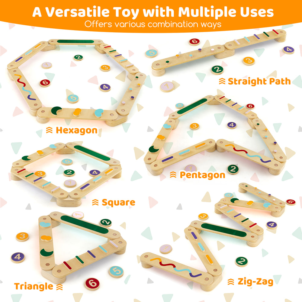 Montessori balance beam set showcasing various shapes like hexagon and triangle, made from safe, durable wood for kids'.