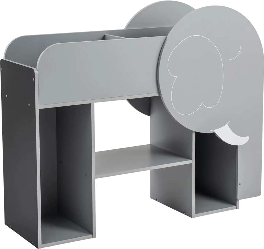 Elephant-shaped Montessori bookshelf in grey, featuring 5 storage areas and a chalkboard for toddler toy organization.