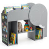 Elephant-shaped Montessori bookshelf in grey with 5 storage areas, abacus toy, and chalkboard for toddler organization.