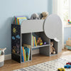 Elephant-shaped Montessori bookshelf in grey with 5 storage areas, chalkboard, and abacus for toddler organization.