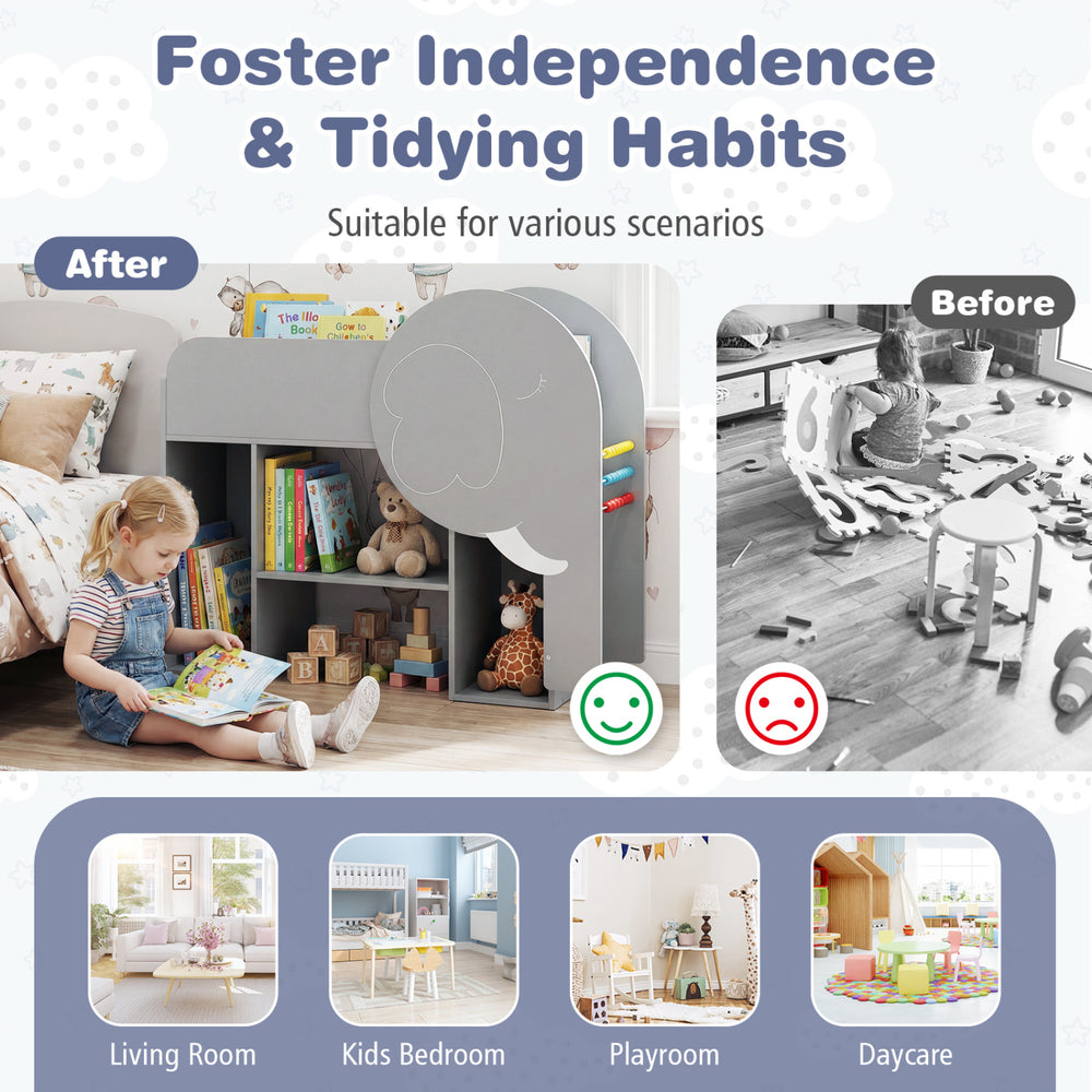 Elephant-shaped Montessori bookshelf in grey with 5 storage areas, promoting tidying habits for toddlers in playrooms.