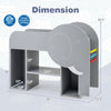 Elephant-shaped Montessori bookshelf in grey with 5 storage areas, abacus, and chalkboard for toddler organization.