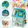 Montessori play house in blue featuring sensory games, storage space, and safe round corners for kids' learning and fun.