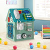 Montessori play house in blue with sensory games, storage space, and various interactive features for skill development.